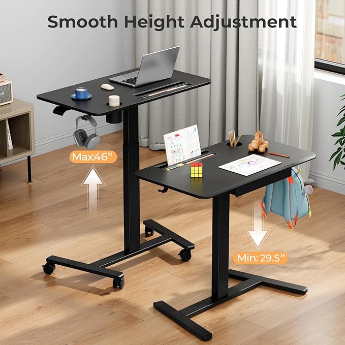Mobile Standing Desk with Drawer, 35"×20" Small Desk, Black | Portable Laptop Workstation with Cup Holder and Hooks, Height Adjustable Rolling Desk with Wheels, Teacher Classroom Use - Image 6