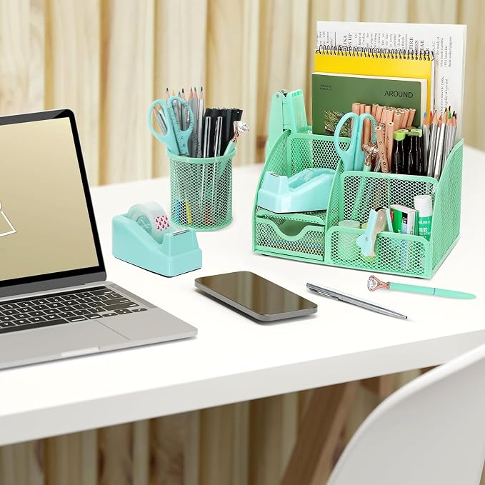 13-in-1 Office Desk Organizer Set for Back to School Supplies Accessories | Organizer Set with Stapler and Tape Dispenser, Pen Holder, Scissors, Ruler, Hole Punch, 2 Pens & More Desk Supplies - Image 7