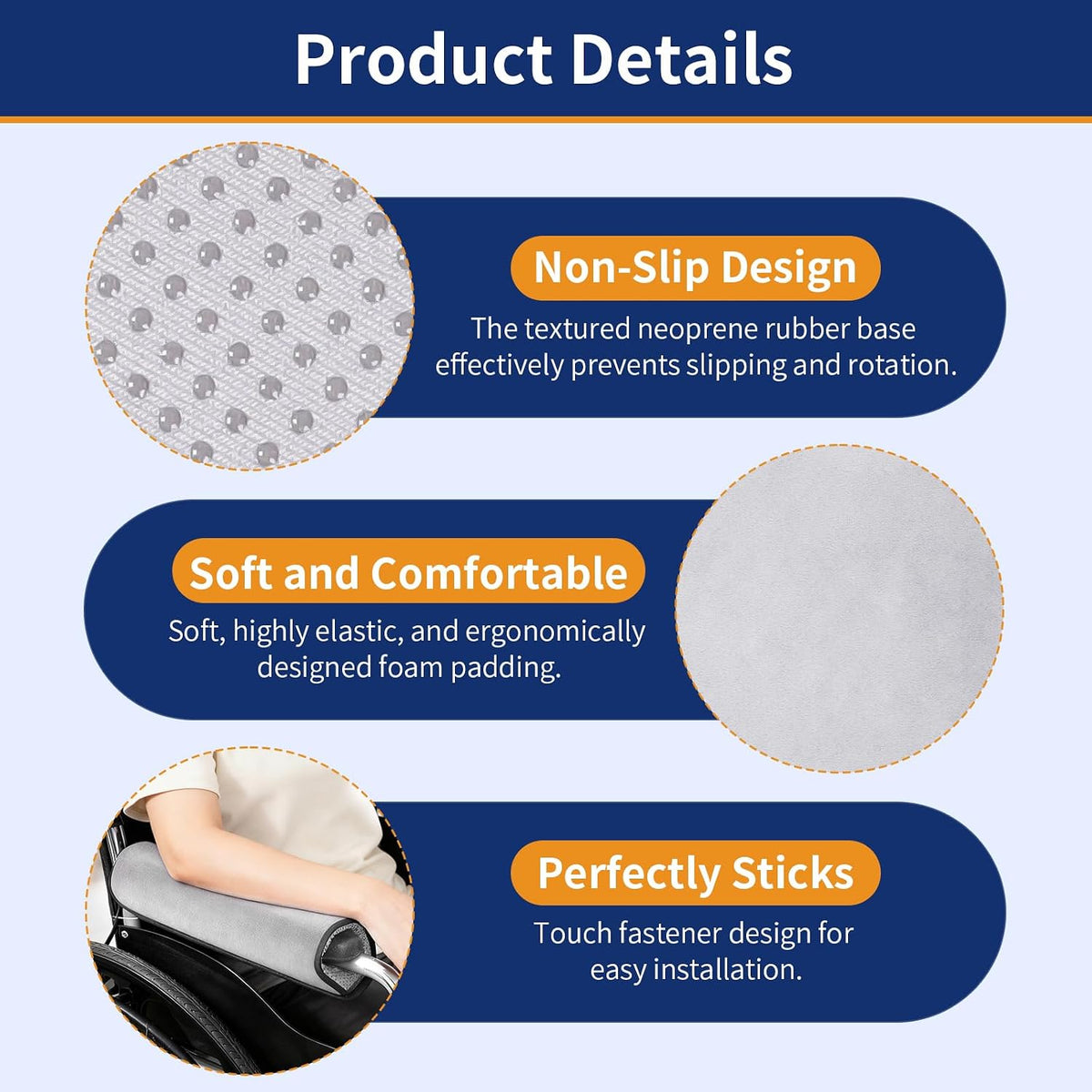 Wheelchair Armrest Covers (Pair)-Memory Foam Wheelchair armrest Pads Wicking Washable Non Slip Arm Rest Cover Cushion Pad for wheelchairs Office Chairs armchairs (Grey) - Image 4