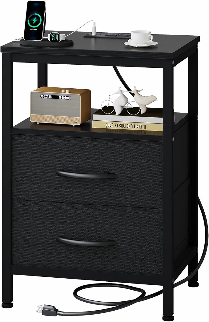 OLIXIS Nightstand with Charging Station, Beside Table with Fabric Drawers | 3-Tier End Table with Storage Shelf, Night Stand with USB Ports and Outlets for Bedroom, Black by OLIXIS