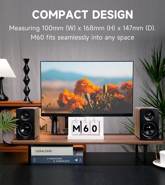 Edifier M60 Multimedia Speaker, 66W RMS Computer Speaker, Classic Oak | Bluetooth 5.3, Hi-Res Audio with LDAC, 3" Mid Bass & 1" Tweeter, USB-C AUX Inputs, Compact Desktop Speaker - Image 2