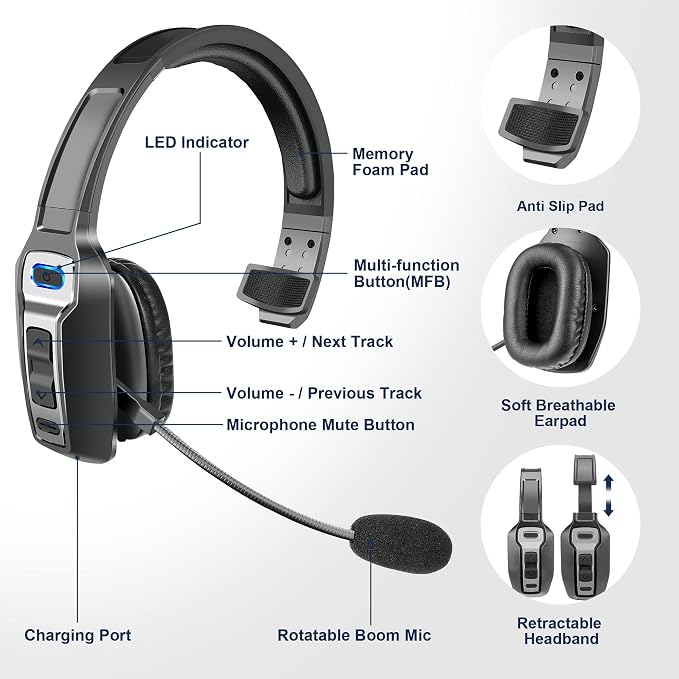 Sarevile Trucker Bluetooth Headset, V5.2 Wireless Headset with Upgraded Microphone AI Noise Canceling, On Ear Bluetooth Headphone with Mute for Driver Office Call Center (Black) - Image 2