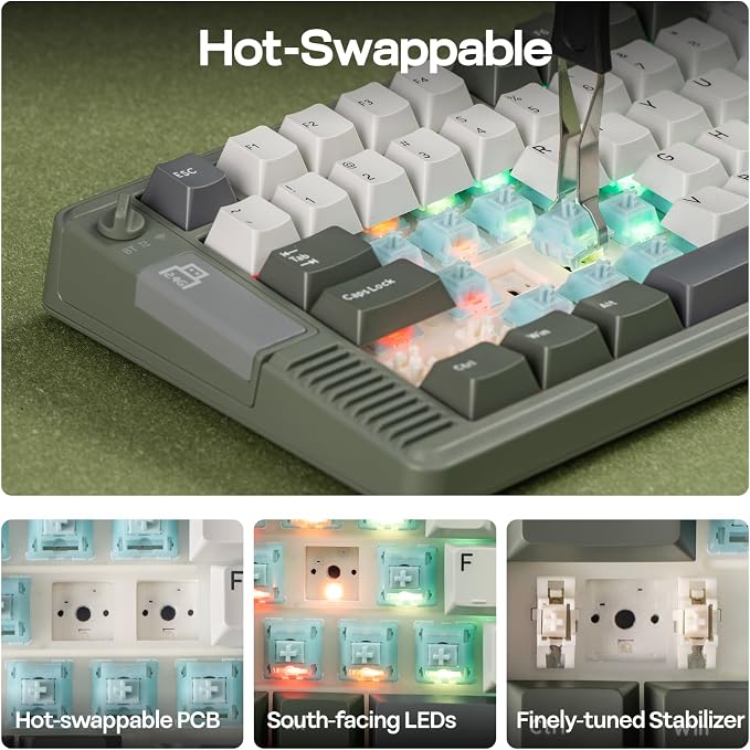 EPOMAKER RT85 Wireless Mechanical Keyboard with Joystick & DIY Screen | 8000mAh, BT/USB/2.4Ghz, Gasket, 5-Layer Paddings, Hot-Swap, PBT Keycap, 75% Gaming Keyboard (Army Green, Creamy Jade) - Image 6