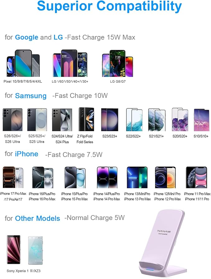 NANAMI Wireless Charger for Samsung and iPhone - 10W Fast Induction Charger Stand for Galaxy S25/S26/S24/S23/S22/S21, Wireless Charging Stand Phone Charging Dock for iPhone 17/17 Air/16/15/14/13/12 - Image 2