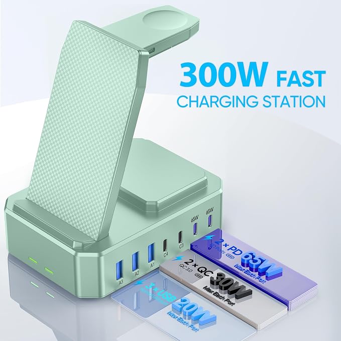 300W Charging Station for Multiple Devices Apple, Zutspzss 10 in 1 Wireless Charger for iPhone 16, GaN III USB C 65W PD Fast Charging Stand Dock for MacBook, Apple Watch&Airpods,Green - Image 4