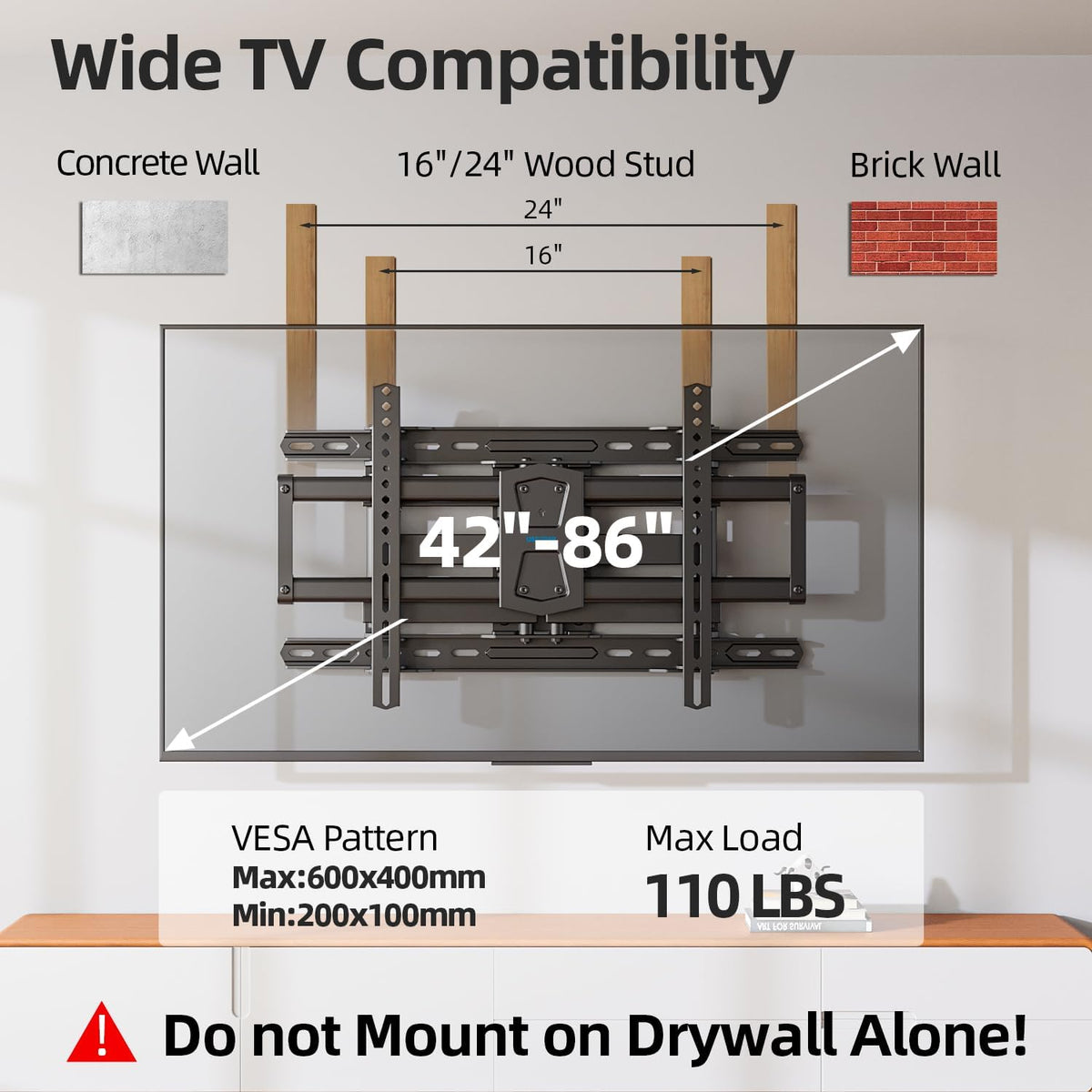Full Motion TV Wall Mount 24 inch Stud for 65 70 75 85 86 Inch TVs - Image 2