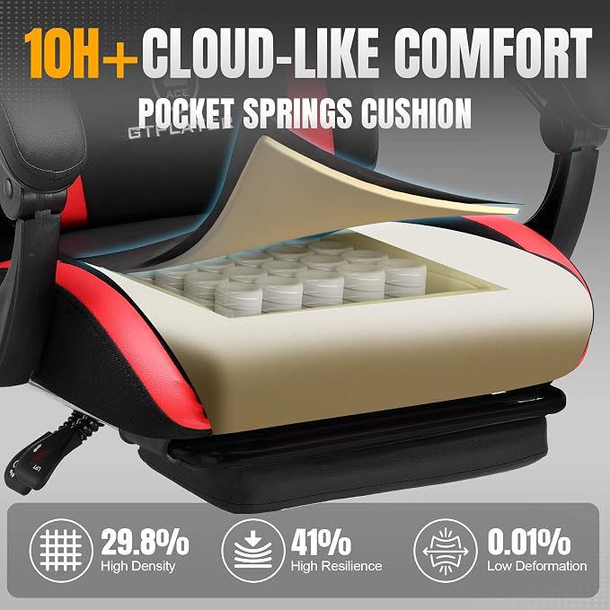 GTPLAYER Gaming Chair with Foot Rest & Pocket Spring Cushion, Ergonomic High Back Computer Chair with Headrest & 360°-Swivel Seat for Home Office Desk, PU Leather, Red - Image 3