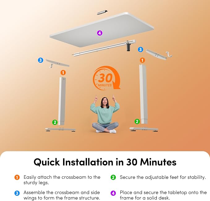 CubiCubi 32 x 20 Electric One-Piece Standing Desk, White | Whole-Piece Desktop, Seamless Design, Height Adjustable Computer Desk, Sit Stand up Home Office Workstations - Image 9