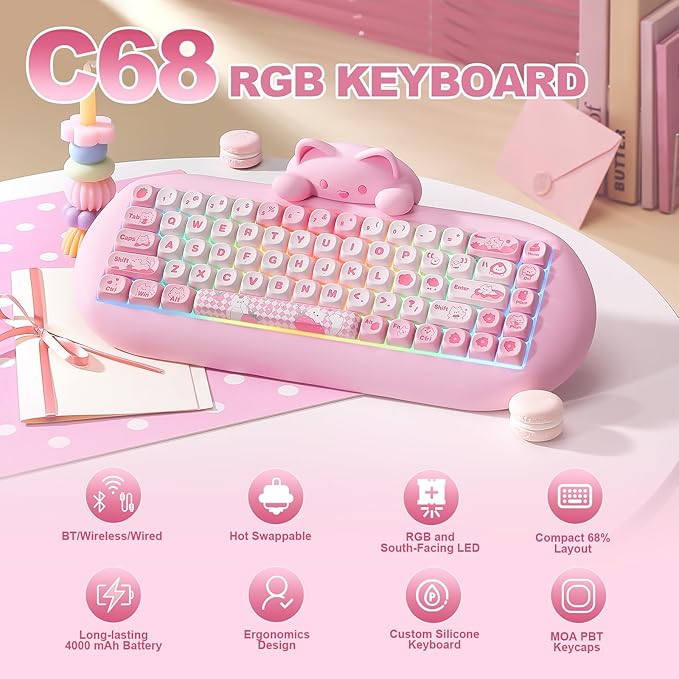 YUNZII C68 Silicone Cute Cat Mechanical Keyboard (Pink, Milk Switch) | Wireless Triple Mode BT5.0/2.4G/Wired, RGB Backlit NKRO, Cute Cat Silicone Ergonomic Design for Win/Mac - Image 2