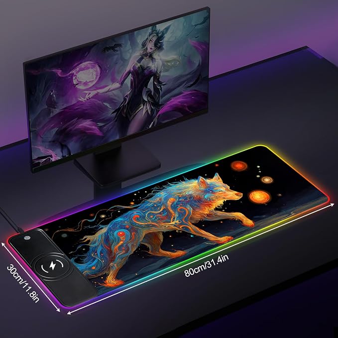 Wireless Charging RGB Gaming Mouse Pad, 31.5 x 11.8 Inch Extended Mouse Mat with Cosmic Wolf Art Design, LED Desk Pad with 7 Lighting Modes, Non-Slip Base for Gaming & Office - Image 2