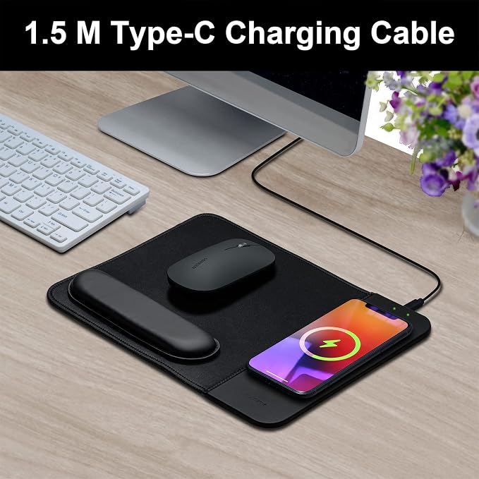 15W Wireless Charging Mouse Pad with Wrist Support, Fast Qi Wireless Charger Mouse Mat for iPhone 17/16/15/14/13/12/12 Pro/11/11Pro/XR/Xs/X, Samsung Galaxy S10/S9/S8 Plus Note 9/8 Multiple Devices - Image 7