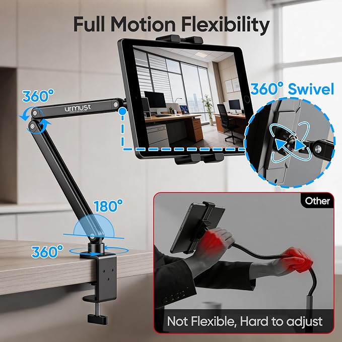 Portable Monitor Stand 15.6" Dual Arm iPad Stand for Desk | Portable Monitor Holder 18.5", Adjustable Tablet Holder for Bed, Aluminum Arm Mount for Second Screens, iPad, Galaxy Tab - Image 8