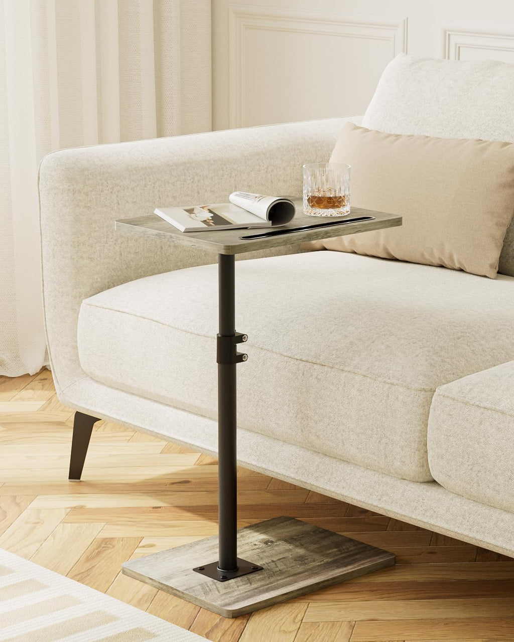 Sofa Arm Tray Table - 360° Swivel Height Adjustable End Table, Small Snack Side Table for Couch, C Shaped Table for Bed, Chair or TV Tray Table(Greige) - Image 6