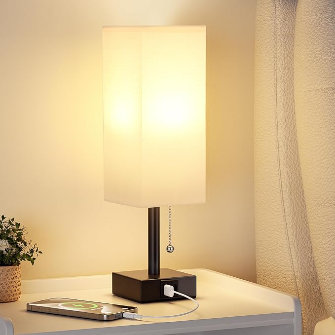 White Small Table Lamp for Bedroom - 3 Color Temperature 3000K 5000K 4000K Bedside Lamp, Pull Chain Control, USB A and C Charging Ports, Black Base, for Kids Office Dorm Nightstand, Bulb Included | Pull Chain Lamp, 3 Color Modes(3000K/4000K/5000K), E26... - Image 2