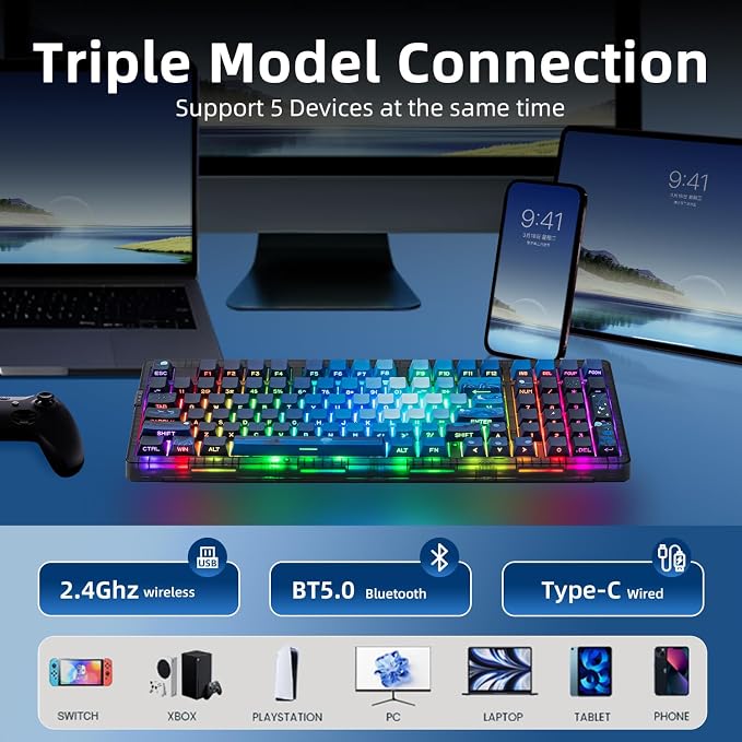 ZORNHER ZH980 Mechanical Keyboard,95% Blue Creamy Keyboard with Number Pad,Hot-Swappable Custom Gaming Keyboard,Shine Through Dye Sublimation PBT Keycaps,Creamy Sounding Linear Switches - Image 3