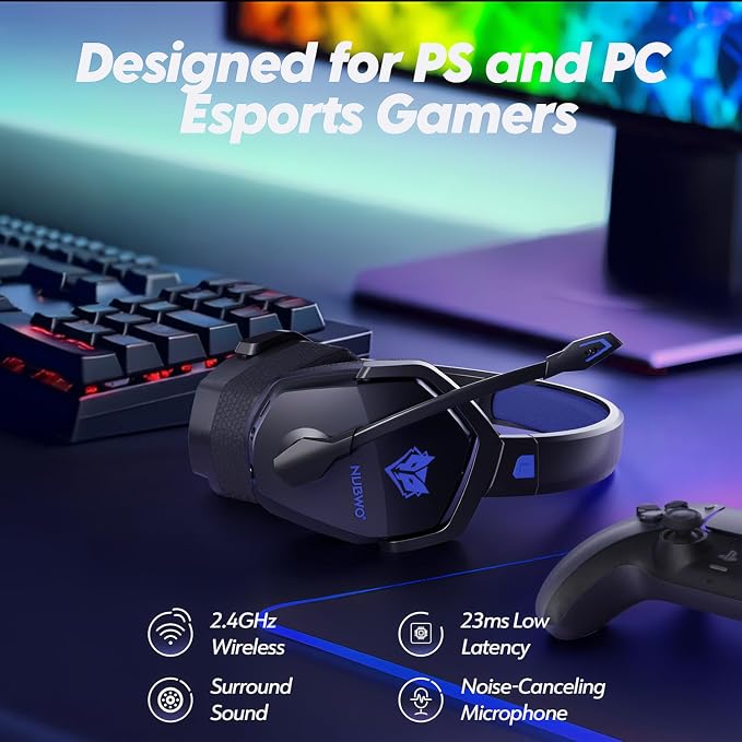 NUBWO Wireless Gaming Headset with Mic for Ps5 Ps4 PC, Zero Interference, 100-Hour Battery All-Day Play, 23ms Sync​ for Fortnite & Call of Duty/FPS Gamers, Triple Mode All Devices Compatible - Blue - Image 2