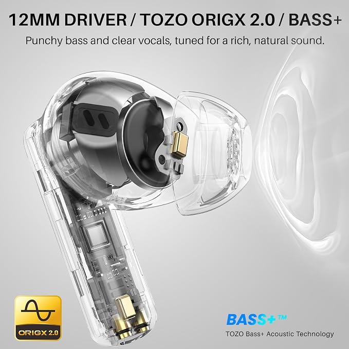 TOZO Hybrid Active Noise Cancelling in Ear Wireless Earbuds, 68H Playtime | 6 Mics AI Clear Calls, LED Display, 32 Preset EQs App, Bluetooth 5.3 Headphones, IPX8 Waterproof, Comfort Fit Ear Buds Black - Image 2