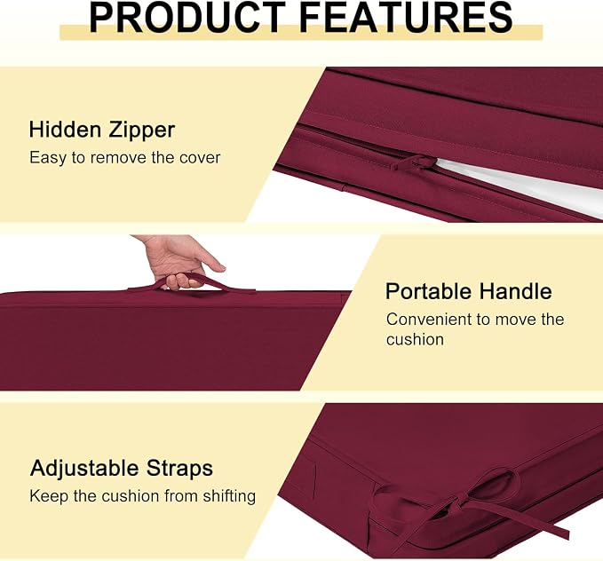 downluxe Waterproof Outdoor Chair Cushions for Patio Furniture, 18" x 18" x 2" Patio Chair Cushion with Adjustable Ties & Portable Handle, Square Outdoor Cushion with Removable Cover, Burgundy, 2 Pack - Image 5