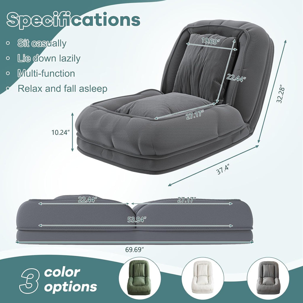 Human Dog Bed for Adults & Pets, 5-Position Adjustable Floor Chair, Convertible Lazy Sofa Bed with Metal Frame & 2 Pillows, Plush Gaming Lounge for Living Room Bedroom Office (Gray1) - Image 2