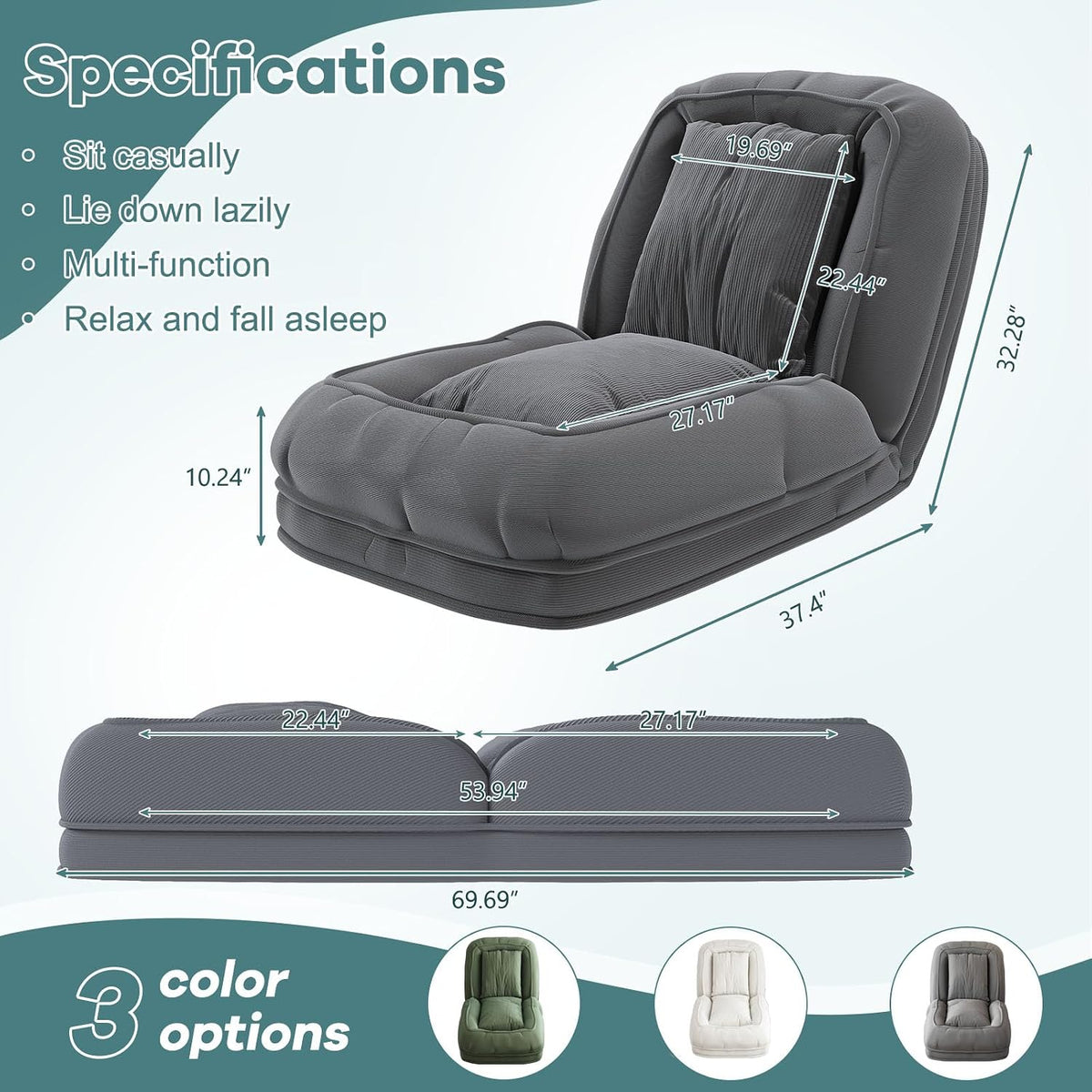 Human Dog Bed for Adults & Pets, 5-Position Adjustable Floor Chair, Convertible Lazy Sofa Bed with Metal Frame & 2 Pillows, Plush Gaming Lounge for Living Room Bedroom Office (Gray1) - Image 2