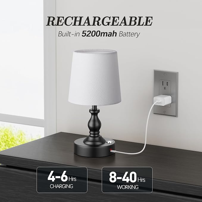 Mini Cordless LED Table Lamp, 5200mAh Rechargeable Battery Operated Lamp, 3-Level Brightness, Touch Dimmable Desk Lamp, Bedside Night Light for Patio Camping Restaurant Home, Matte Black - Image 3