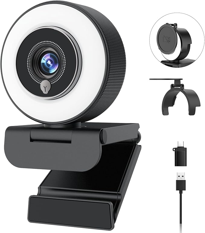 Angetube 4K Webcam with Ring Light, Computer Web Camera for Desktop, Laptop | 4K@30FPS, PDAF Autofocus, 1080P@60FPS, 2 Microphones, USB-A/C, Privacy Cover, Streaming Web Cam for PC Mac, Zoom Teams Twitch by Angetube