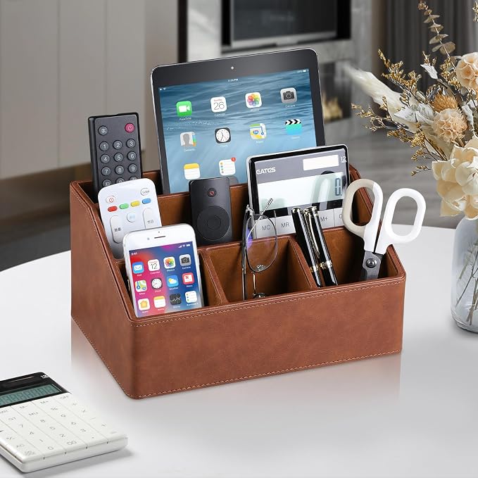 PU Leather Desk Organizer, Remote Control Holder, Brown | Luxury Nightstand Organizer for Home, Office Desk Accessories, Bedside Table Caddy with 5 Compartments, Velvet Lining - Image 2
