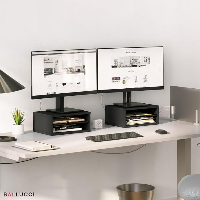 Ballucci File Organizer, 2-Tier Document Paper Sorter, Stackable Wood Desk Organizer Mail Holder, Monitor Stand with Storage Shelves, Black - Image 3