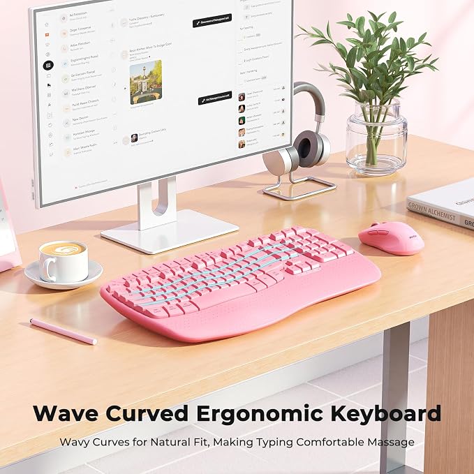 MEETION Ergonomic Wireless Keyboard and Mouse Combo with Wave Keys, Pink | Natural wave keys, hard wrist rest, 2.4G USB receiver, full-size layout, 4 DPI optical mouse, for Windows, Mac, desktop PC - Image 2