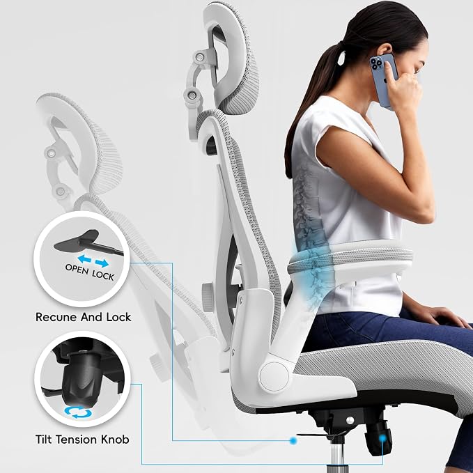 Ergonomic Office Chair:Home Office Desk Chairs with Headrest Lumbar Support | Ergalithic Ergonomic Desk Chair X-Shaped Mesh PU Leather Executive Computer Chair High Back Flip-Up Arms for Long Hour(W-G) - Image 7