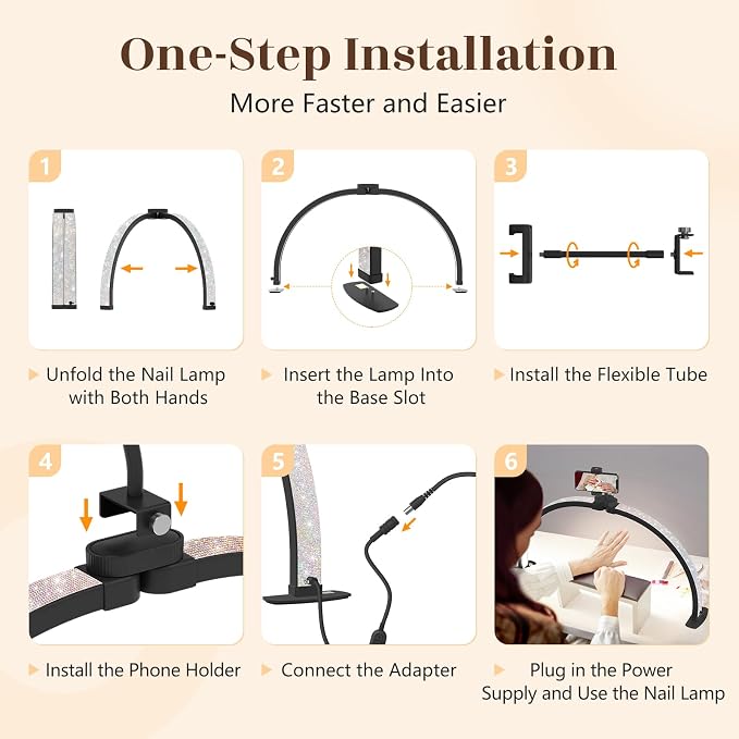 Yokilly Half Moon Light for Nail Desk: 29" Foldable Nail Light for Desk | Arch Nail Tech Light with Phone Holder for Beginner - 3 Color Modes & 10 Brightness for Manicure Salon-Black - Image 5