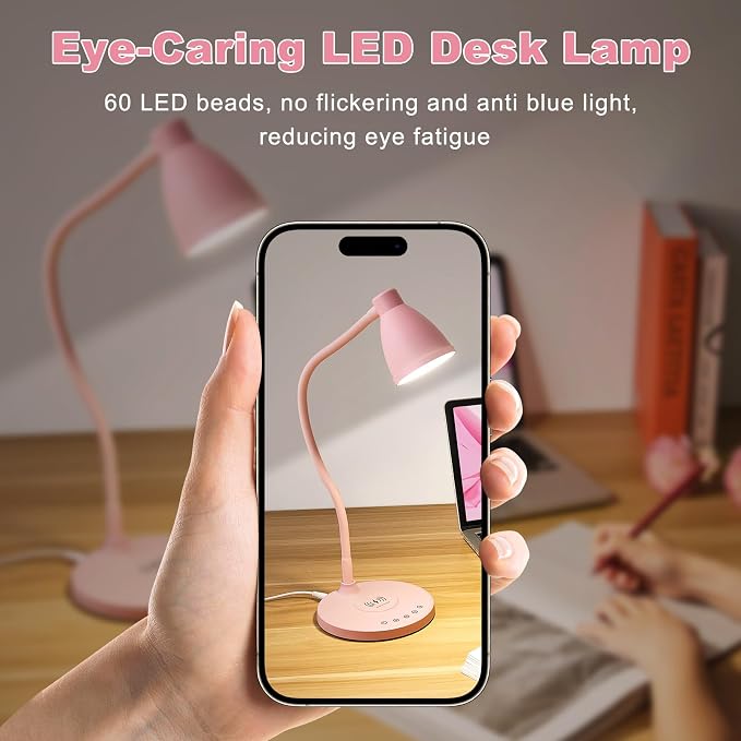 BOHON Cute Desk Lamp for Home Office with USB C+A Charging Port Timer Pink | LED Desk Light with Wireless Charger 5 Colors Stepless Dimming Reading Light Touch Bedside Table Lamp for College Dorm Room - Image 8