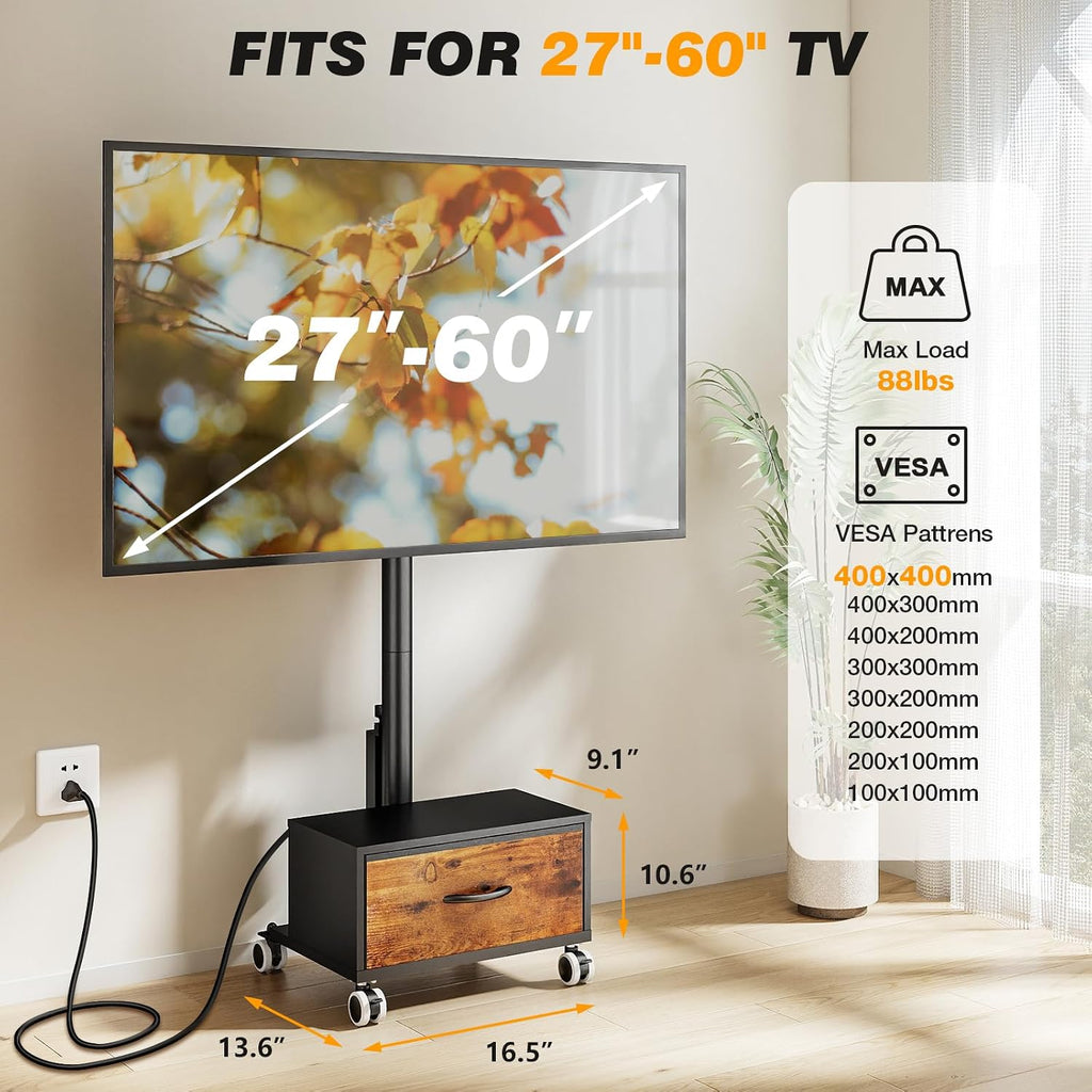 Rolling TV Stand for 27-60in TVs with Drawer & Power Outlet - Image 2