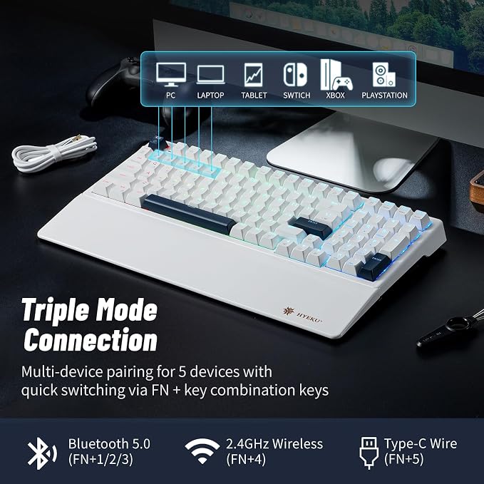 Wireless Mechanical Keyboard with Wrist Rest,Tri-Mode BT5.0/2.4GHz/USB-C Hot Swappable Custom Keyboard,Pre-lubed Clicky Switches,RGB Backlit Computer Gaming Keyboards for PC/Tablet/PS/Xbox(White) - Image 3