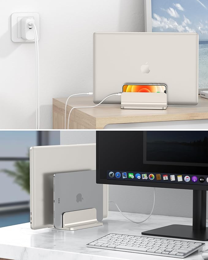 OMOTON Dual Vertical Desk Laptop Stand Holder, Fits MacBook Air, Starlight | Aluminum Laptop Storage Rack for Desk, Adjustable Dock for Up to 17.3 in. Gaming Laptop, Space-Saving Desk Organizer - Image 7