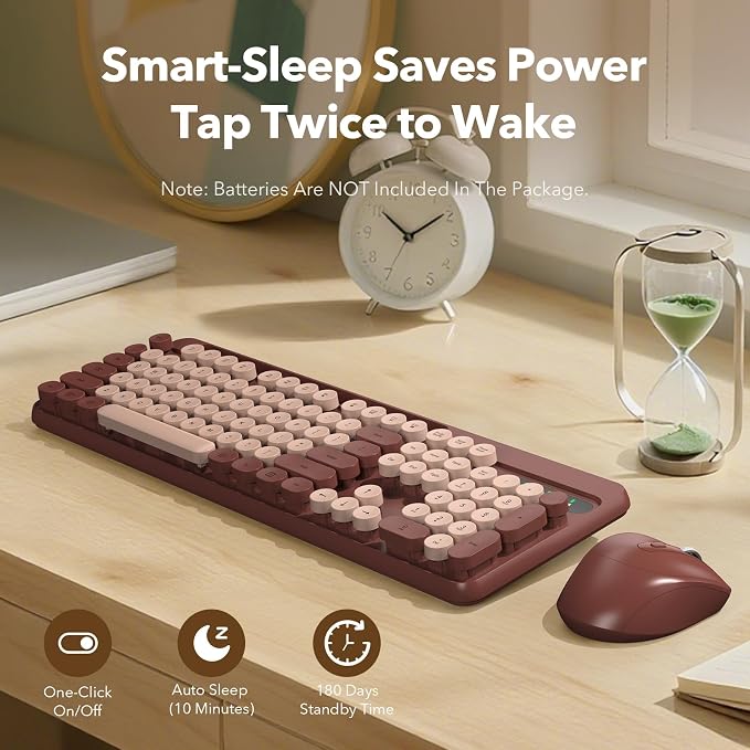 Wireless Keyboard and Mouse Combo, Retro Round Keycaps, Full-Size Cute Typewriter Keyboard with Large Phone/Tablet Holder, Auto-Sleep, 2.4GHz Cordless Connection for Windows/PC/Laptop (Wine Red) - Image 5