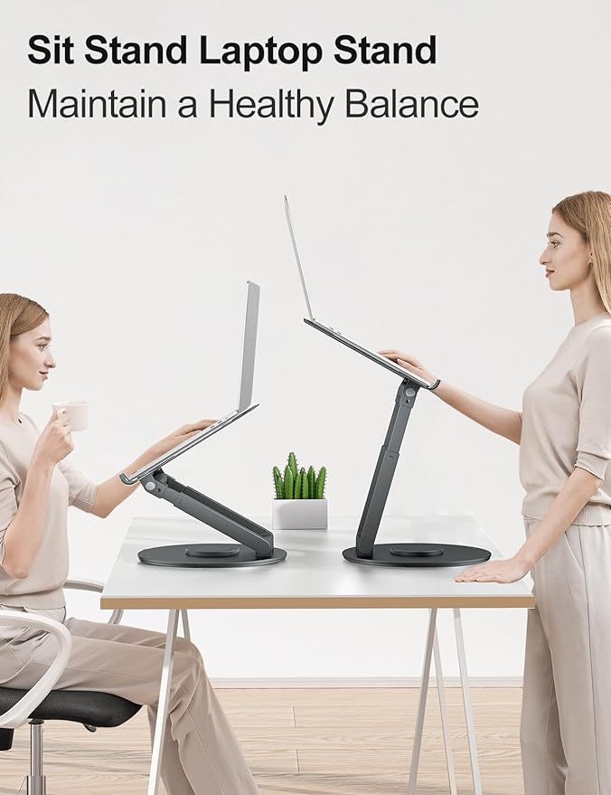 tounee Telescopic Laptop Stand for Desk with 360° Swivel Base, Sit to Stand, Height Adjustable, Portable Riser Holder for Good Posture, Compatible with MacBook Pro, All Laptops 10-17"-Gray - Image 3