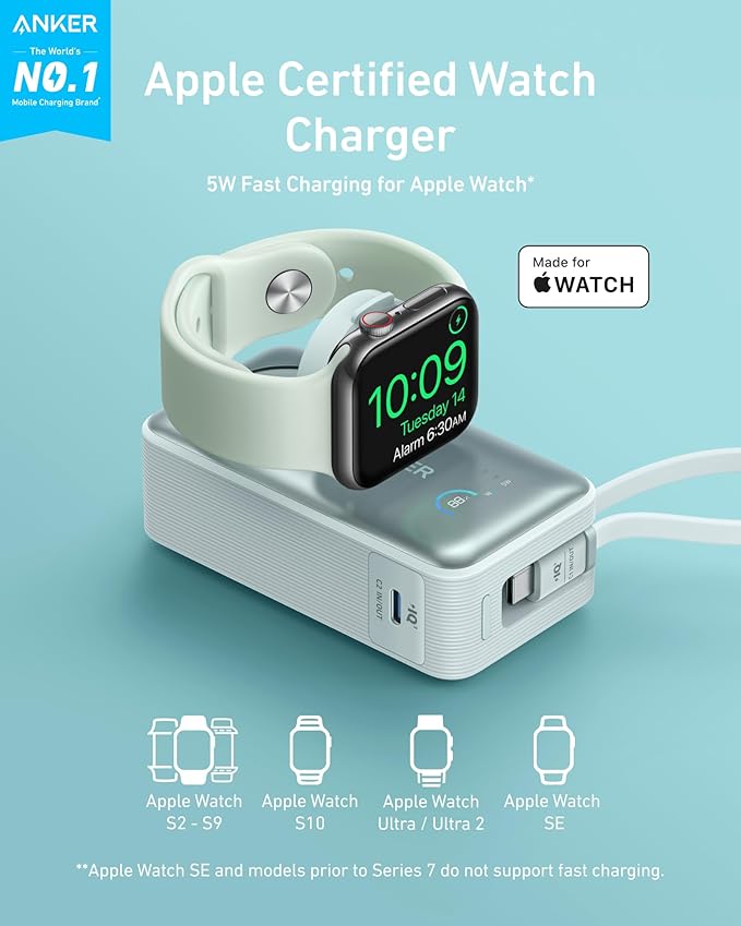 Anker MagGo Power Bank for Apple Watch, 10,000mAh 35W Max Portable Charger | Officially Certified 10,000mAh Battery Pack with Built-In USB-C Cable, for iPhone 17 Series, Samsung, iPad, AirPods, and More - Image 2