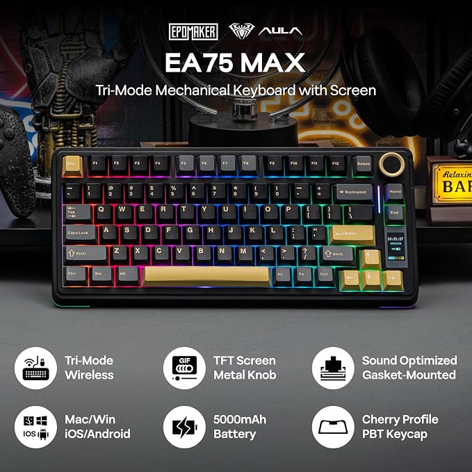 EPOMAKER X Aula EA75 MAX Wireless Gaming Keyboard with Screen & Knob | 5000mAh, Hot-Swap, Lubed Switches, RGB Backlit, Creamy Gasket, 75% Mechanical Keyboard (Black, Silent Cotton Candy Switch) - Image 2