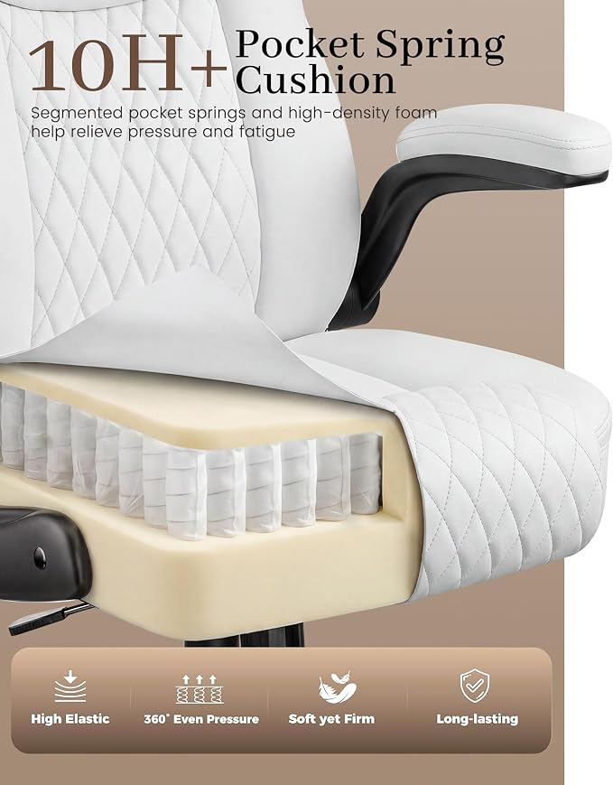 COMHOMA Mid-Back Office Chair, Ergonomic PU Desk Chair with Flip up Arms, Small Computer Gaming with Comfy Lumbar Support,Rocking Function,Sturdy Metal Base, White - Image 5