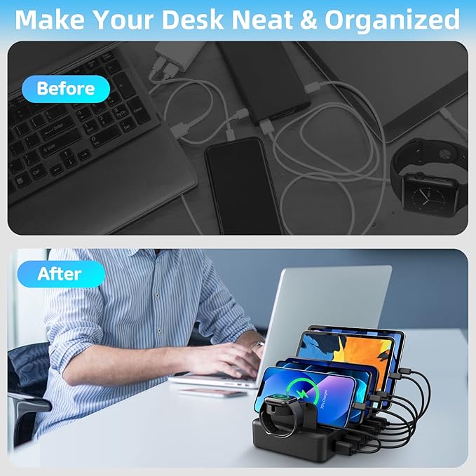 Charging Station for Multiple Devices, 50W 6 Ports USB Charger Station | with Apple Watch Holder & 6 Cables, for iPad Cellphone Kindle Tablet and Other Electronic, 1 USB-A to USB-C Adapter Converter - Image 2
