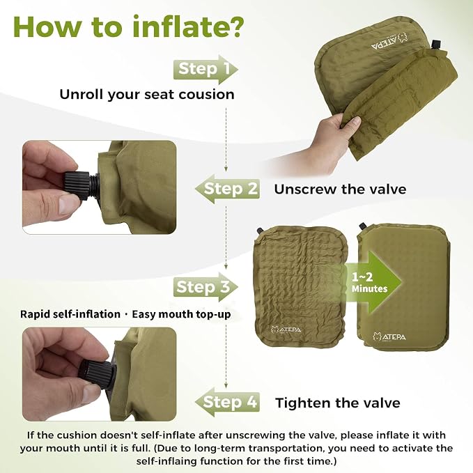 ATEPA Inflatable Seat Cushion | 2" & 2.5" Foam Core Seat Pad, Self Inflating, Compact, Stadium, Airplane, Travel, Camping, Hiking, Sports events - Image 5