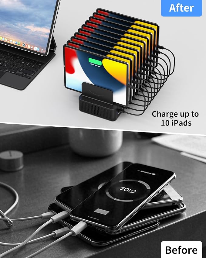 100W Charging Station for Multiple Devices, 10-Port USB Fast Charger, Black | with Adjustable Dividers & 10 Cables- Multi Device Organizer Charging Dock for iPhone, iPad, Tablets & More - Image 6