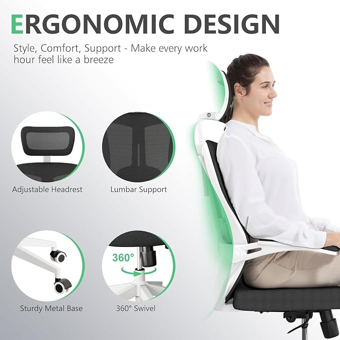 Office Chair (07White-Black, Chair) | 360° Swivel Adjustable Lumbar Support & Flip-Up Armrests capacity 300 lbs capacity - Image 4
