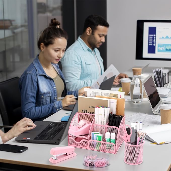17 IN 1 Office Desk Organizer Set for Back to School Supplies Accessories | 3 Office Desk Storage Organization, 4 Pens, Stapler, Staples & Remover, Tape & Dispenser, Scissors, Ruler, Clips, Hole Punch - Image 7