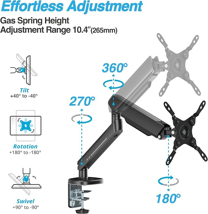 AVLT Single 27”-45” RGB Gaming Monitor Arm Desk Mount -Black | Built-in 20 Lighting Modes Touch Button Control Fits Flat/Curved/Ultrawide Screen Height Swivel Tilt Rotation Adjustable - Image 3