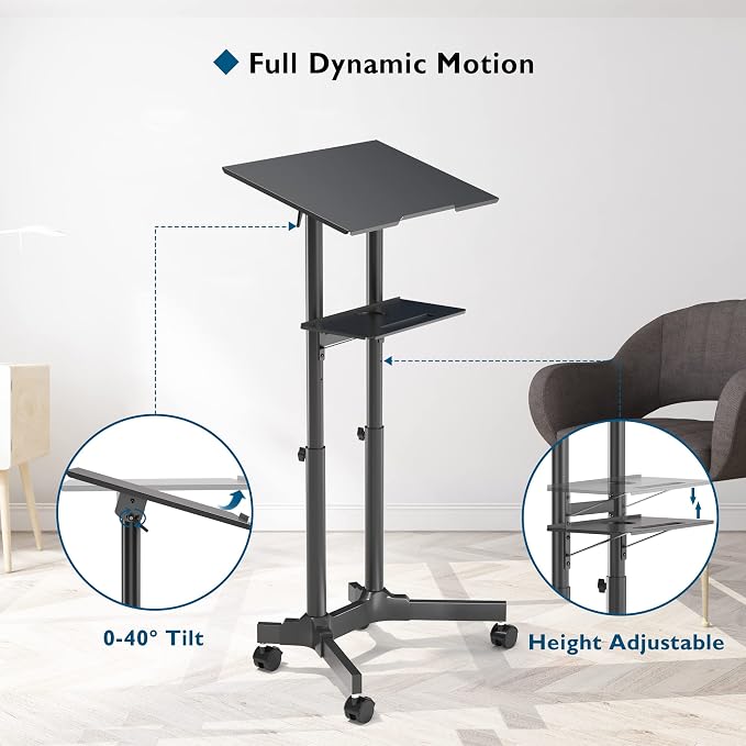 BONTEC Lecterns & Podiums Portable Mobile Standing Laptop Desk, Sit Stand | Height Adjustable, Home Office Classroom Pulpit Stand Up Desk Workstation, Rolling Table Laptop Cart with Storage Tray - Image 3