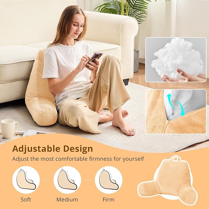 Sasttie Reading Pillow for Bed, Back Pillow for Sitting Up, Camel | 18" Backrest Support Cushion for Couch, Sofa, and Floor, Dorm Essentials, OEKO-TEX, Adjustable Down Alternative Fill - Image 2