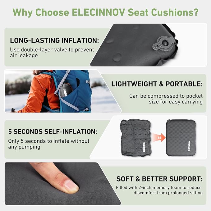 Inflatable Seat Cushion, 2 Pack Self Inflating Compact Stadium Seat Cushion | Airplane Bleacher Seat Cushion Comfortable & Portable Blow-Up High Density Foam Pad for Travel Outdoors Camping (Grey) - Image 3