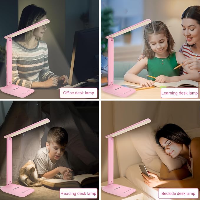 LED Desk Lamp for Office Home, Bright Desk Light with USB Charging Port, Adjustable Dimmable Desk Lamps 5 Modes 5 Brightness, Touch Study Lamp for Nail, Craft, Puzzle, Sewing, Study, Pink - Image 8